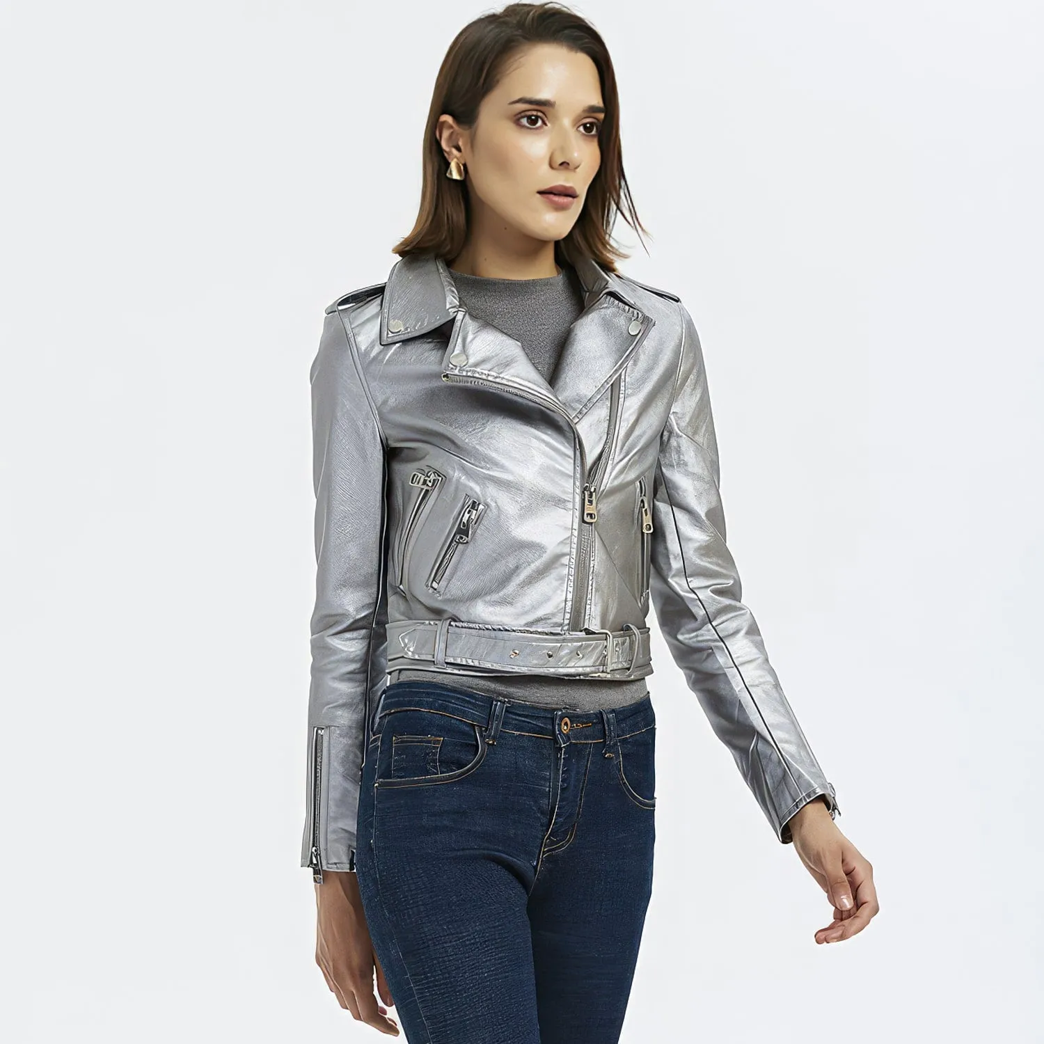 : Women’s Silver Biker Genuine Sheepskin Lapel Collar Rivet Asymmetric Zip-Up Motorcycle Racer Belted Slim Fit Leather Jacket