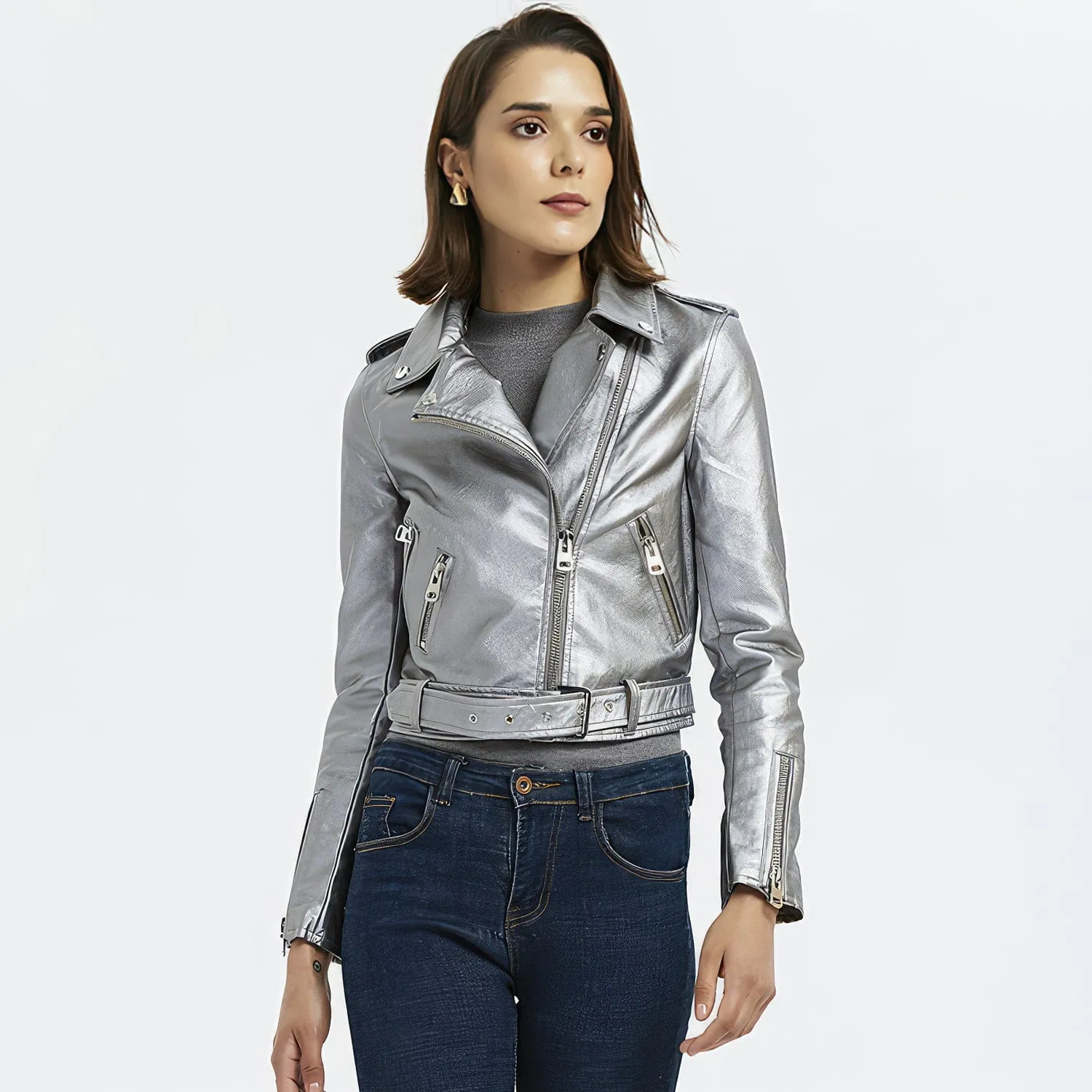 : Women’s Silver Biker Genuine Sheepskin Lapel Collar Rivet Asymmetric Zip-Up Motorcycle Racer Belted Slim Fit Leather Jacket