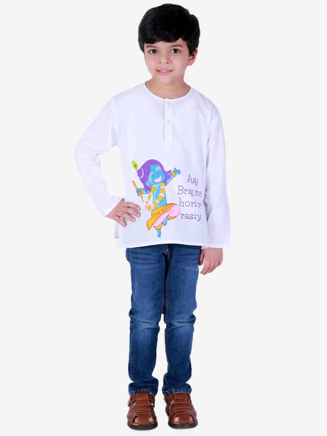 100% Cotton Full Sleeve Holi Kurta For Boys And Girls - White