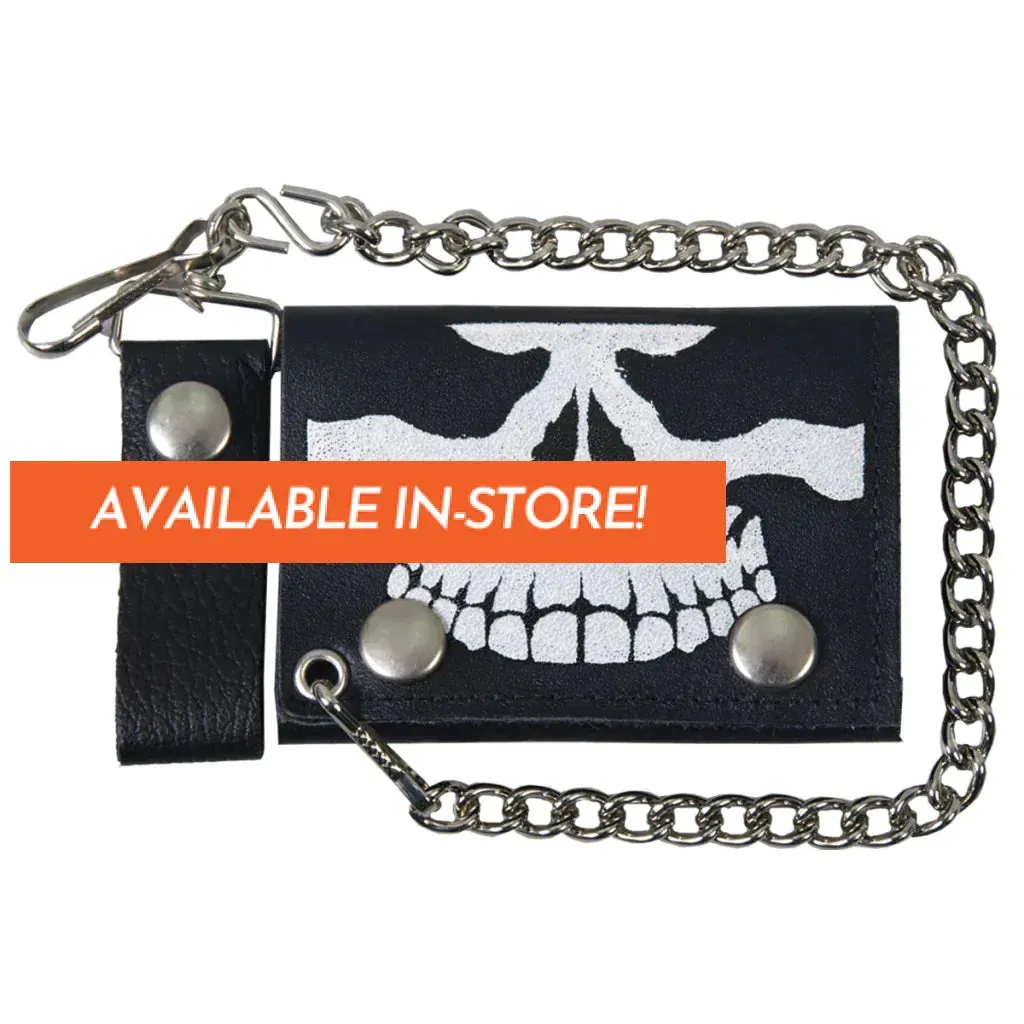 4" Skull Tri-fold WLB1010 Black Leather Tri-Fold Wallet with Chain | Hot Leathers