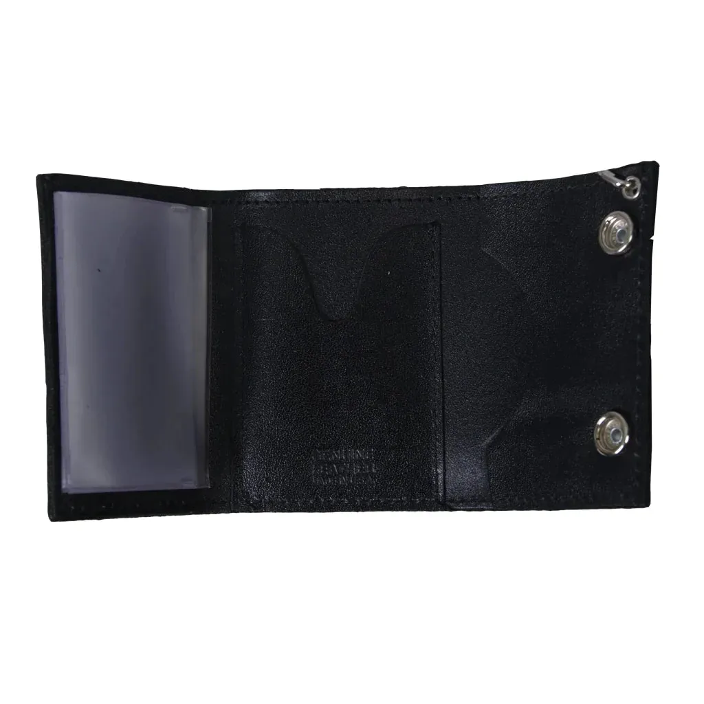 4" Skull Tri-fold WLB1010 Black Leather Tri-Fold Wallet with Chain | Hot Leathers