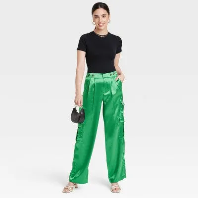 A New Day Women's Straight Relaxed High Rise Satin Cargo Pants Glossy