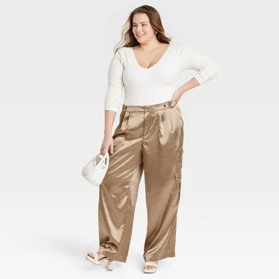 A New Day Women's Straight Relaxed High Rise Satin Cargo Pants Glossy