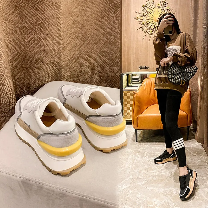 Amozae-  Women Sneakers Mixed Colors Platform Casual Shoes Genuine Leather Cross Tied Sport Shoes Woman  Ins 2024 Luminous Chunky