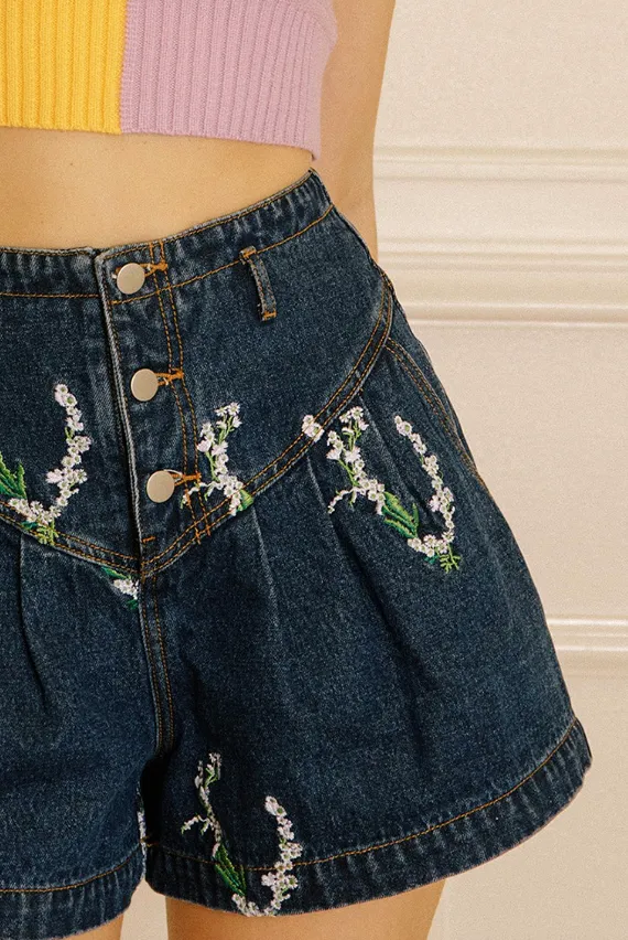 Angelica Embroidered Floral Denim Shorts - Final Sale 40% off in cart