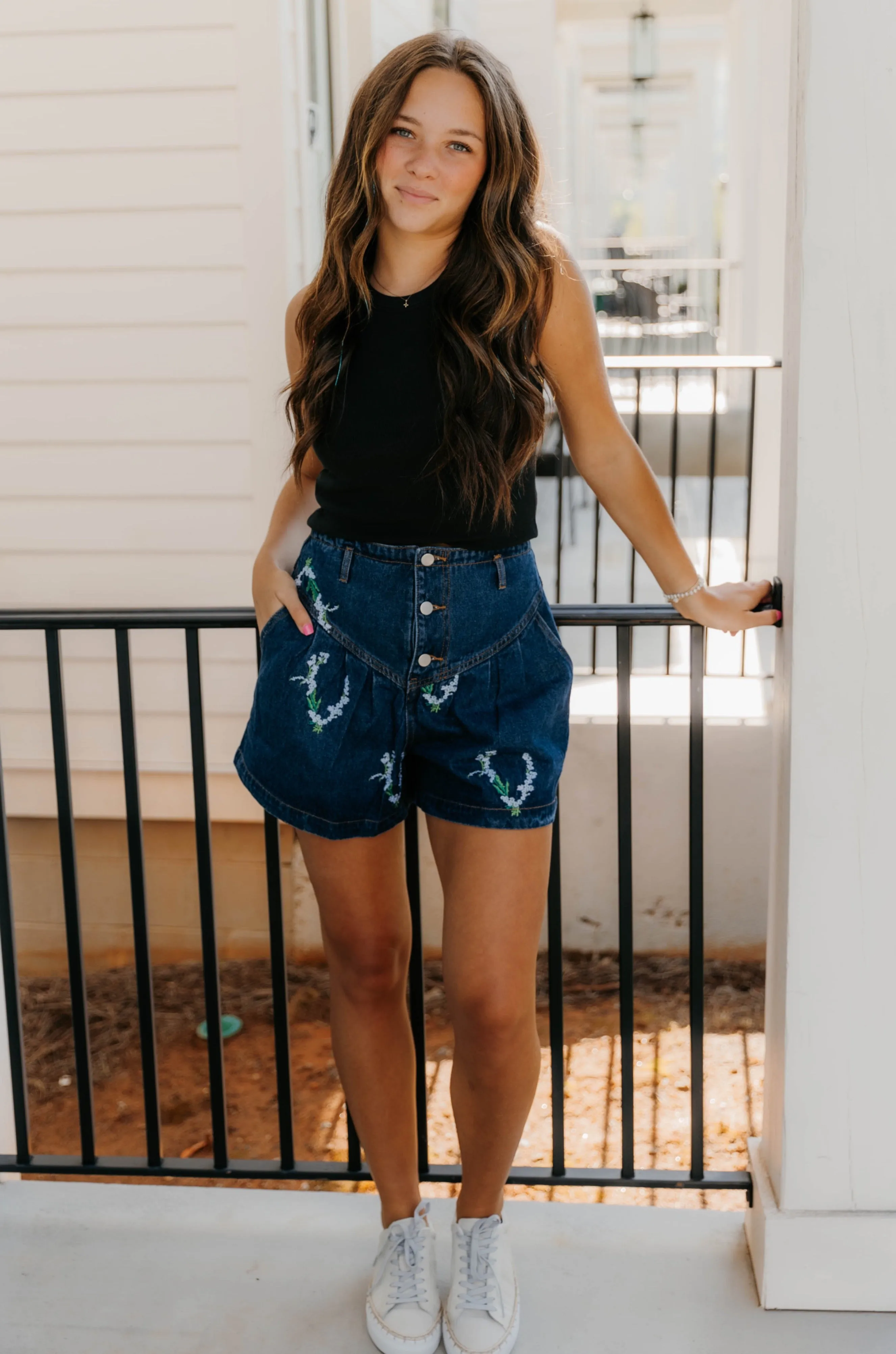 Angelica Embroidered Floral Denim Shorts - Final Sale 40% off in cart