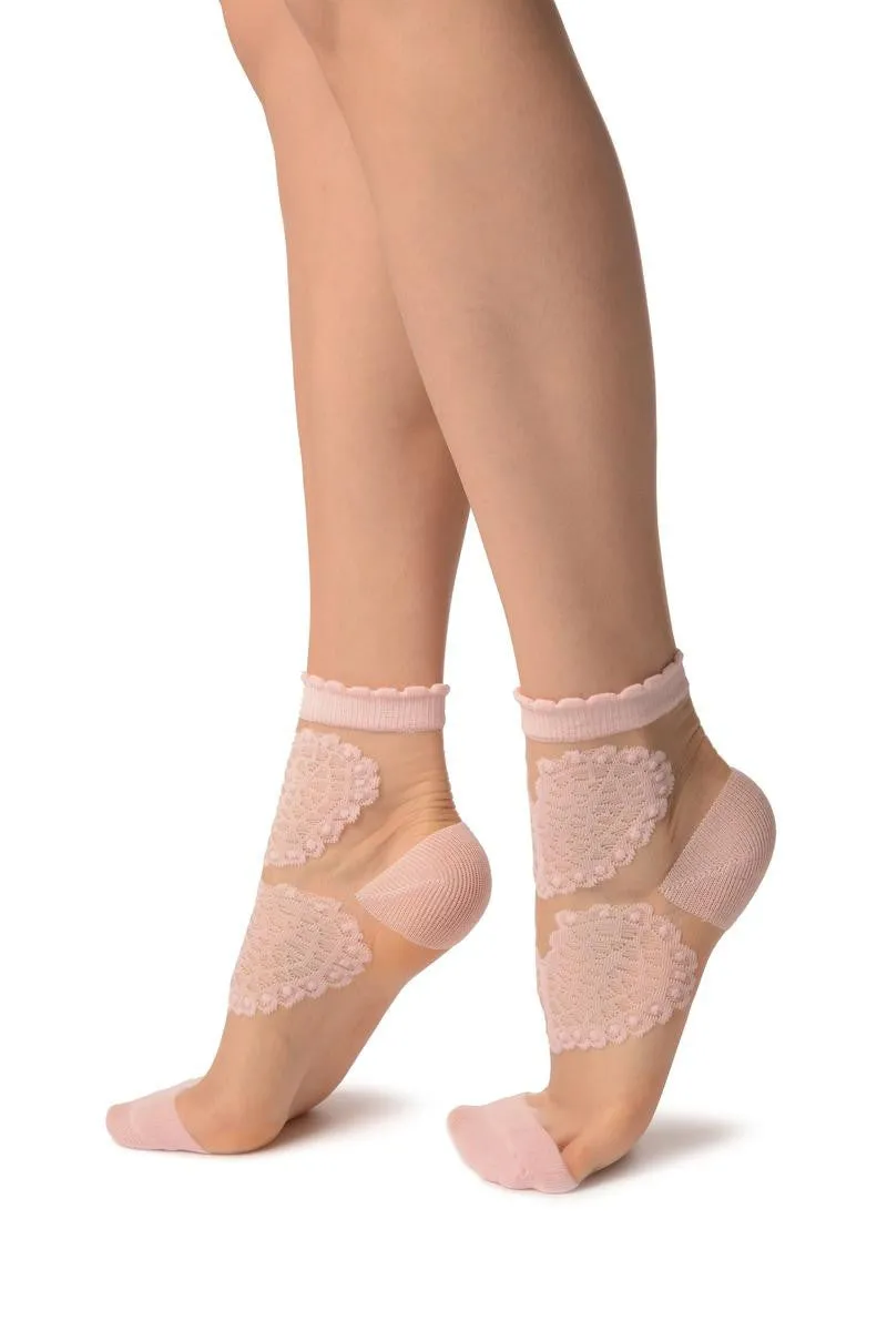 Baby Pink Hearts On Invisible Mesh Ankle High Socks