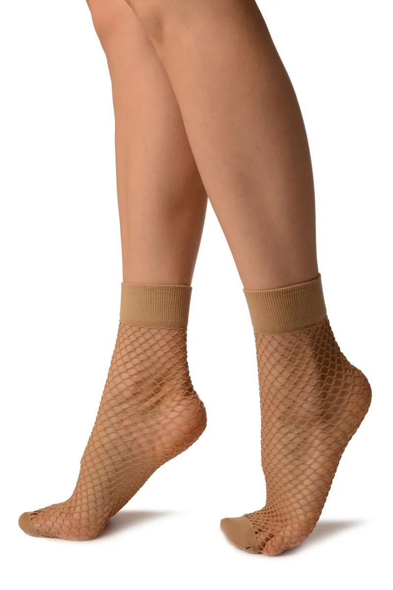 Beige Fishnet With Wide Top & Opaque Toe Ankle High Socks