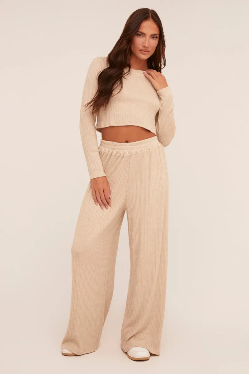 Beige Rib Knit Long Sleeve Top & Wide Leg Trouser Co-ord Set - Damia