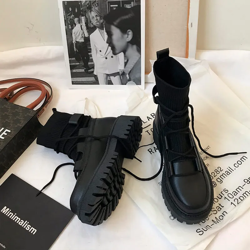 benpaolv Techwear Aesthetic Black Platform Winter Boots Shoes