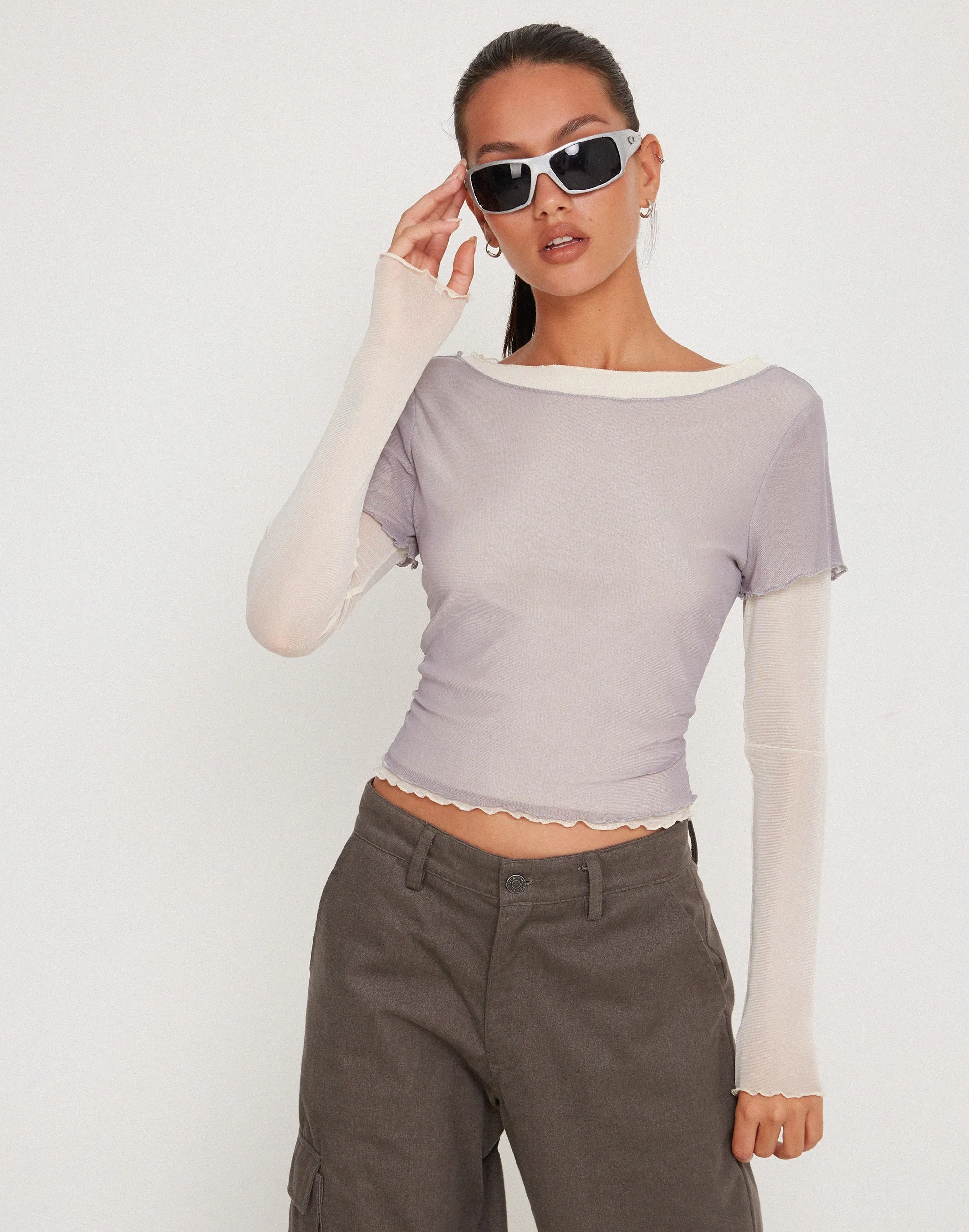 Bidara Mesh Long Sleeve Layered Top in Light Grey and Ivory