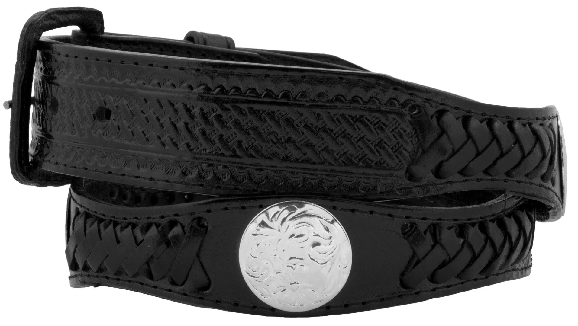 Black Concho Western Leather Cowboy Belt - Removable Buckle