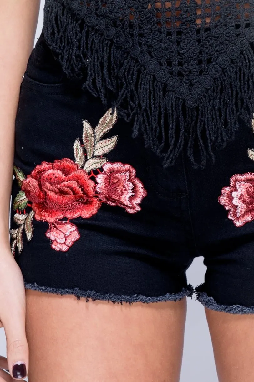 Black Denim Floral Embroidered Hotpants - Kirstie