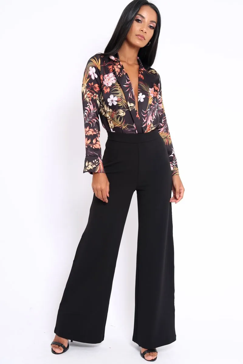 Black Floral Plunge Satin Bodysuit - Rebeka