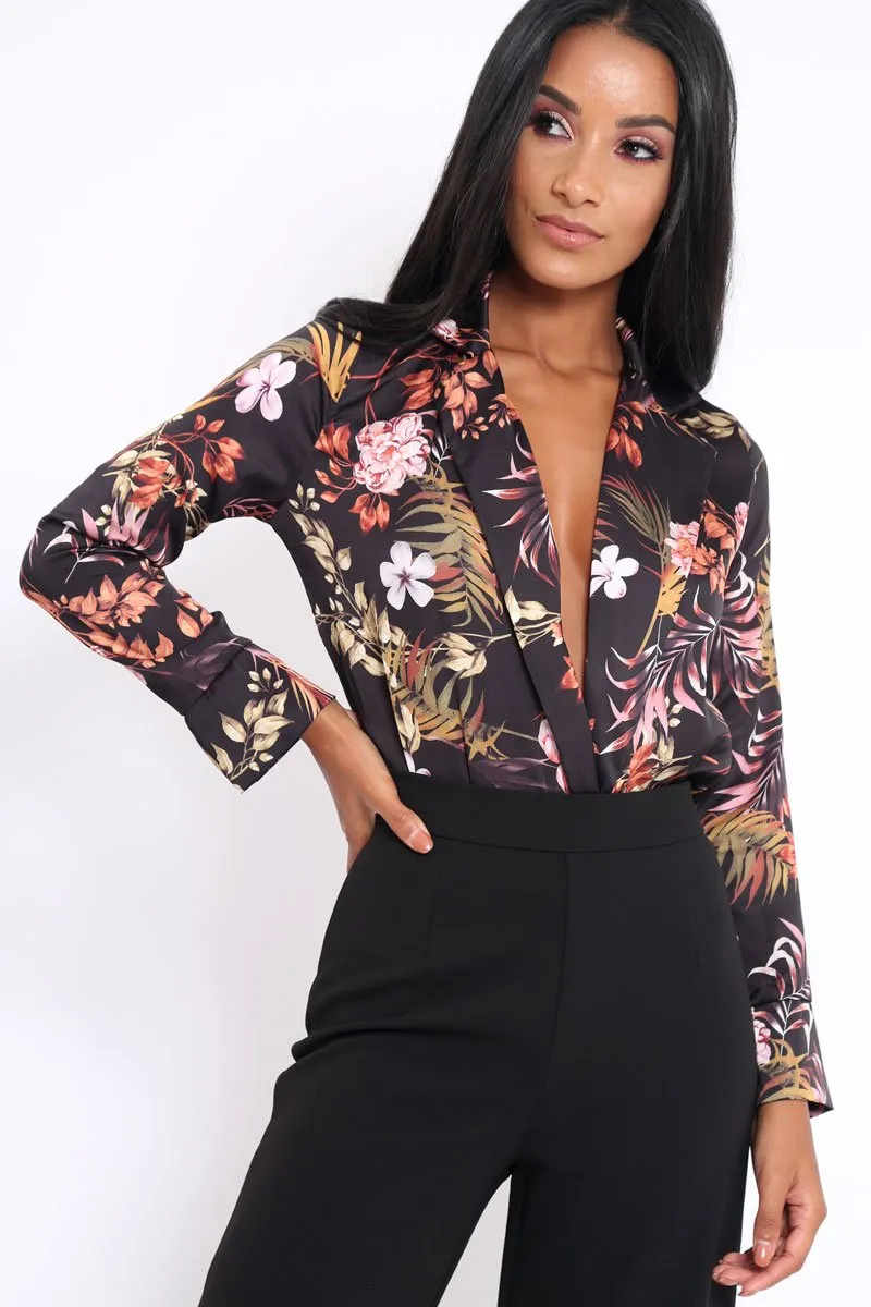 Black Floral Plunge Satin Bodysuit - Rebeka