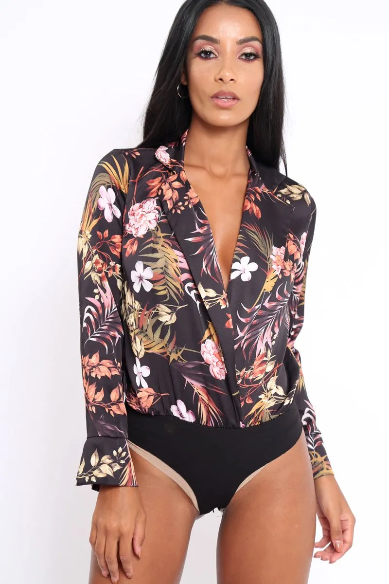 Black Floral Plunge Satin Bodysuit - Rebeka