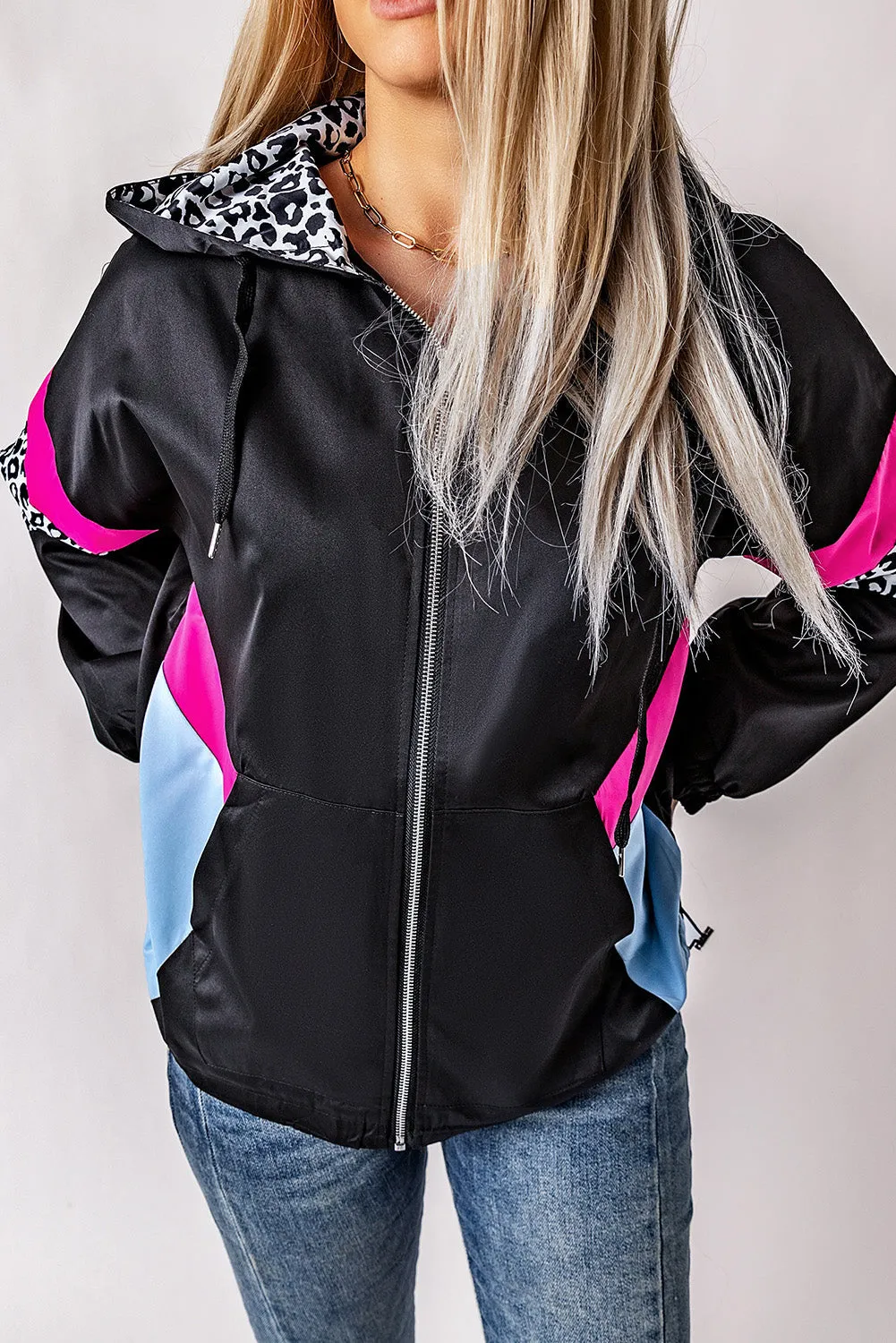 Black Leopard Color Block Pockets Zip-Up Hooded Jacket