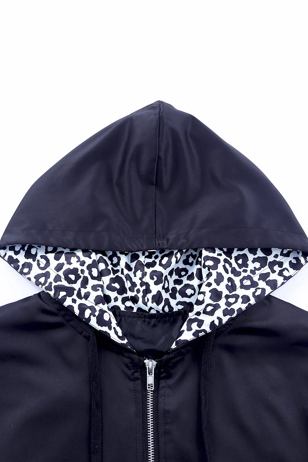 Black Leopard Color Block Pockets Zip-Up Hooded Jacket