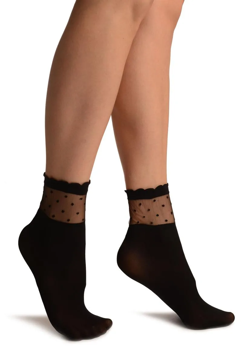 Black Opaque With Sheer Spotty Top Ankle High Socks