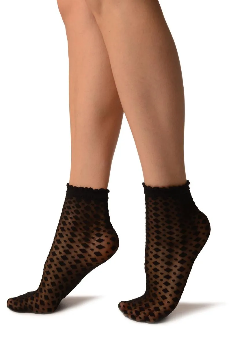 Black Rhomb & Dots Ankle High Socks With Comfort Top