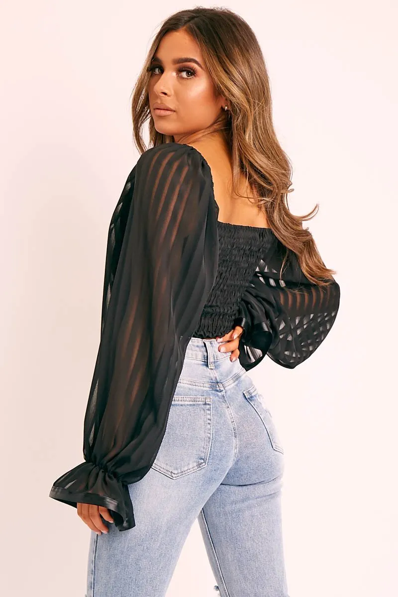 Black Sheer Striped Bardot Crop Top - Ellerie