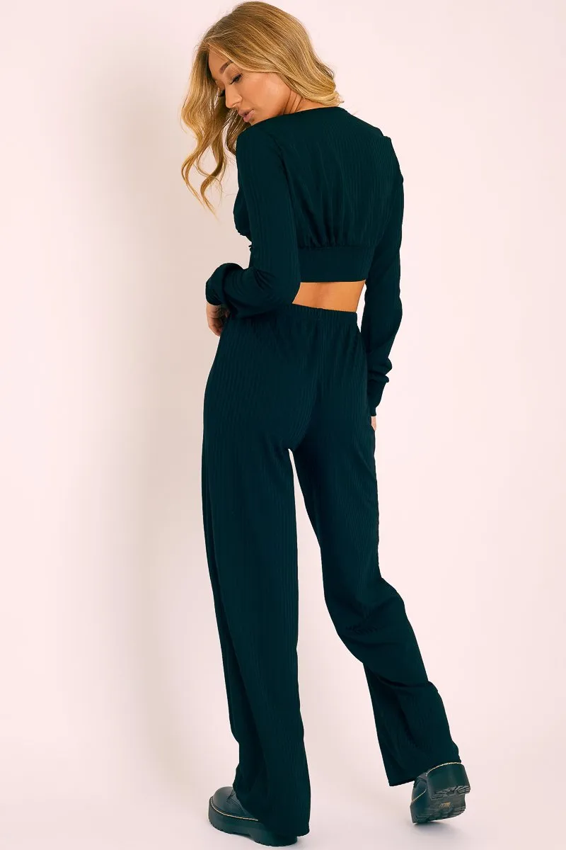 Black Wide Leg Ribbed Plunge Neck Co-ord - Brooke