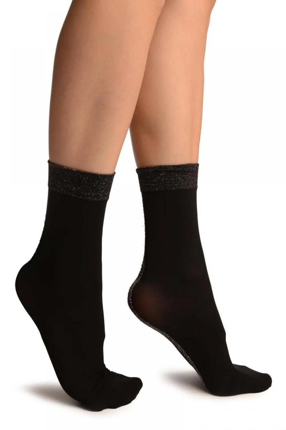 Black With Silver Lurex Wide Back Seam Ankle High Socks