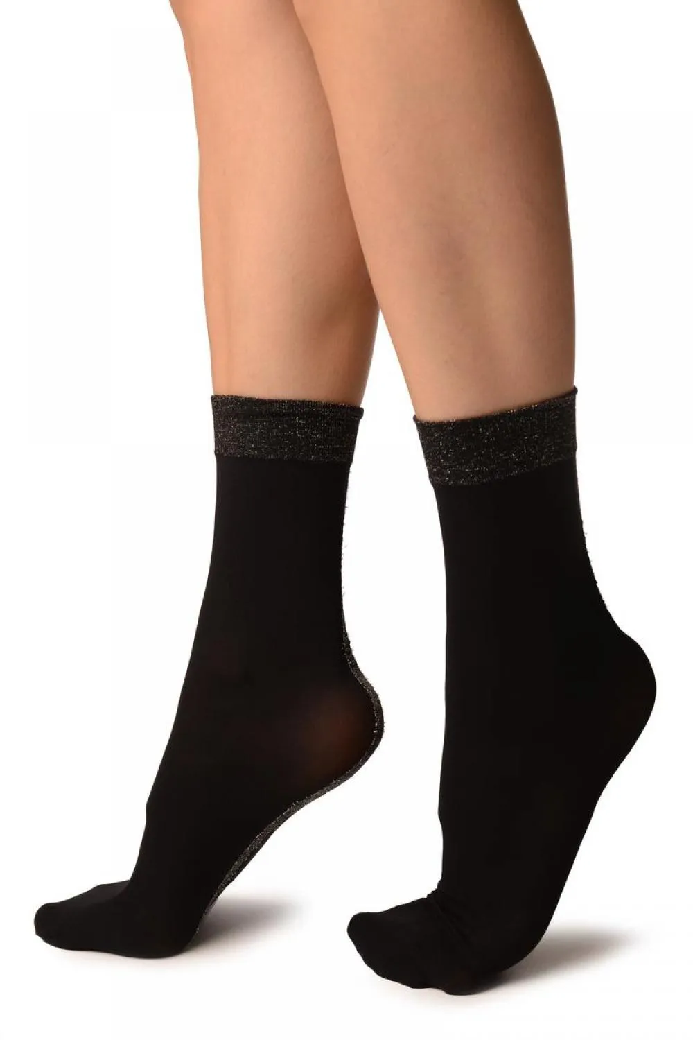 Black With Silver Lurex Wide Back Seam Ankle High Socks