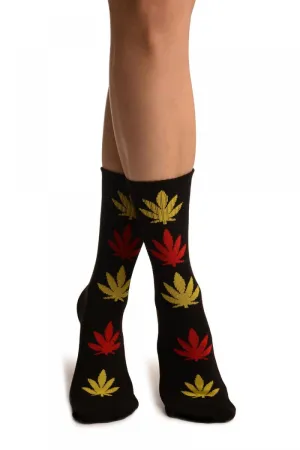 Black With Yellow & Red Leaves Ankle High Socks