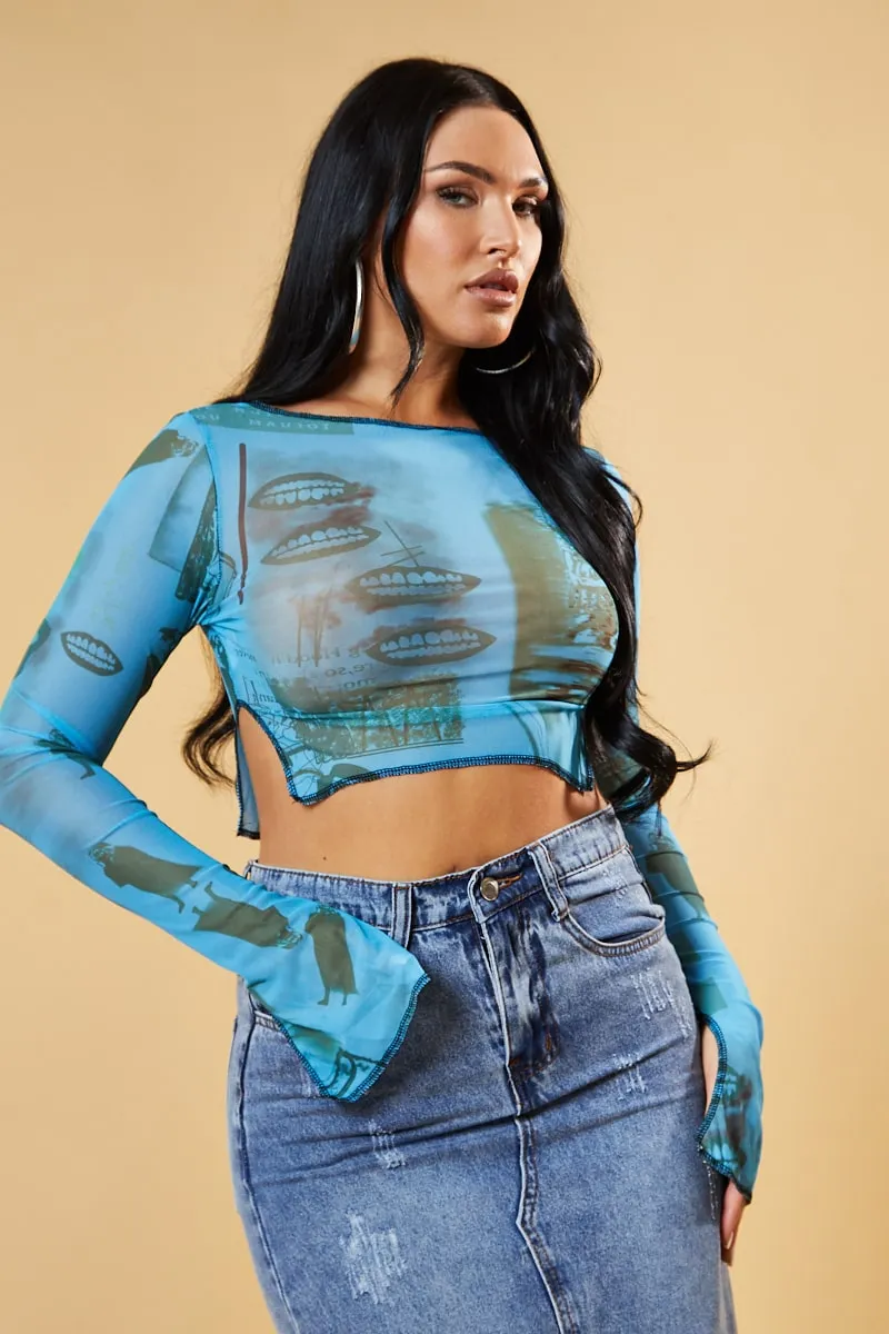 Blue Abstract Print Mesh Cropped Top - Cucu