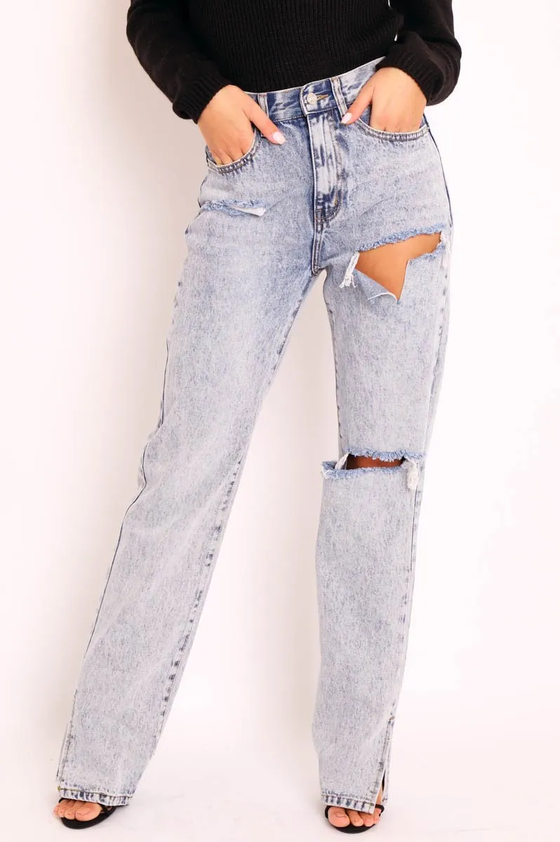 Blue Acid Wash Distressed Side Split Jeans - Carely