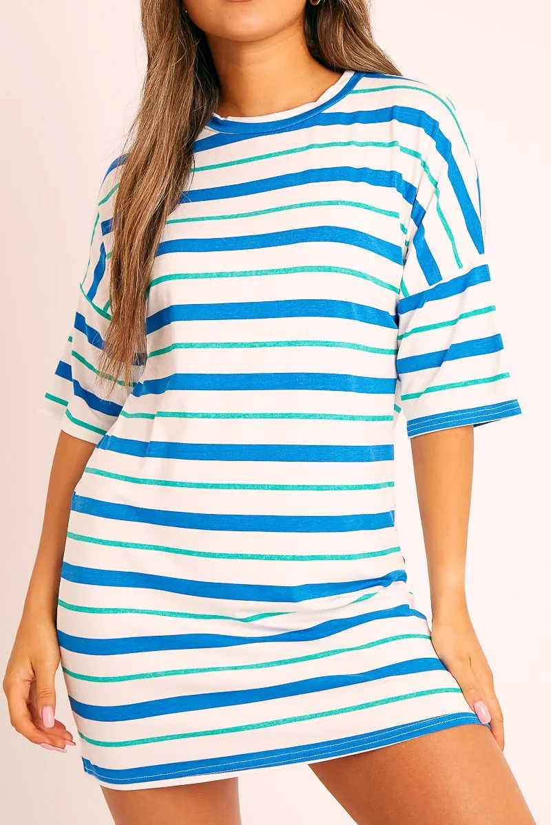 Blue Green Striped T-shirt Dress - Hanaa