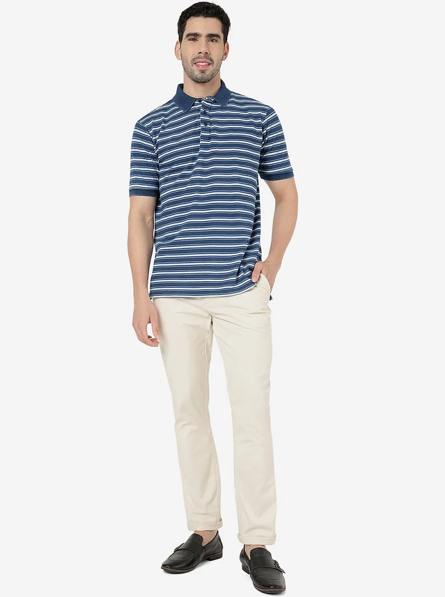 Blue Striped Slim Fit Polo T- Shirt | JadeBlue