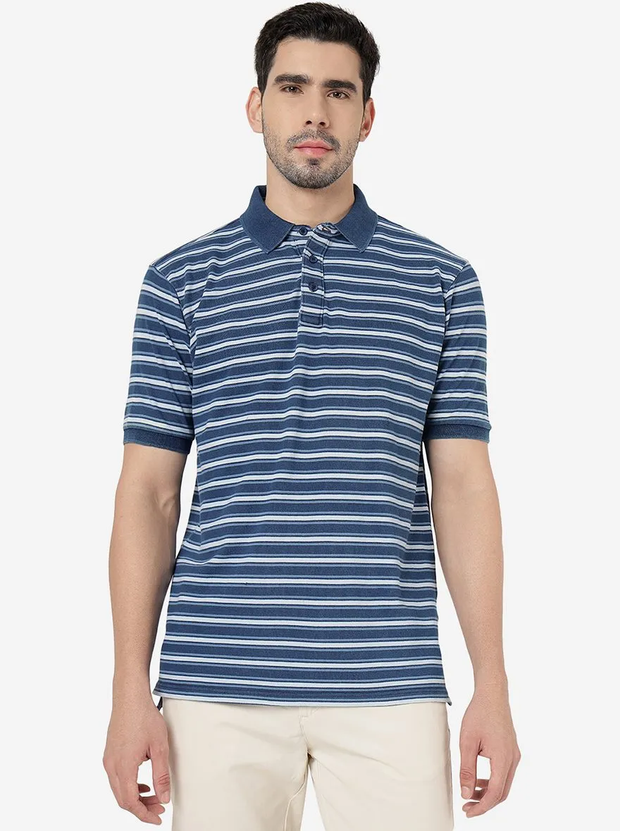 Blue Striped Slim Fit Polo T- Shirt | JadeBlue