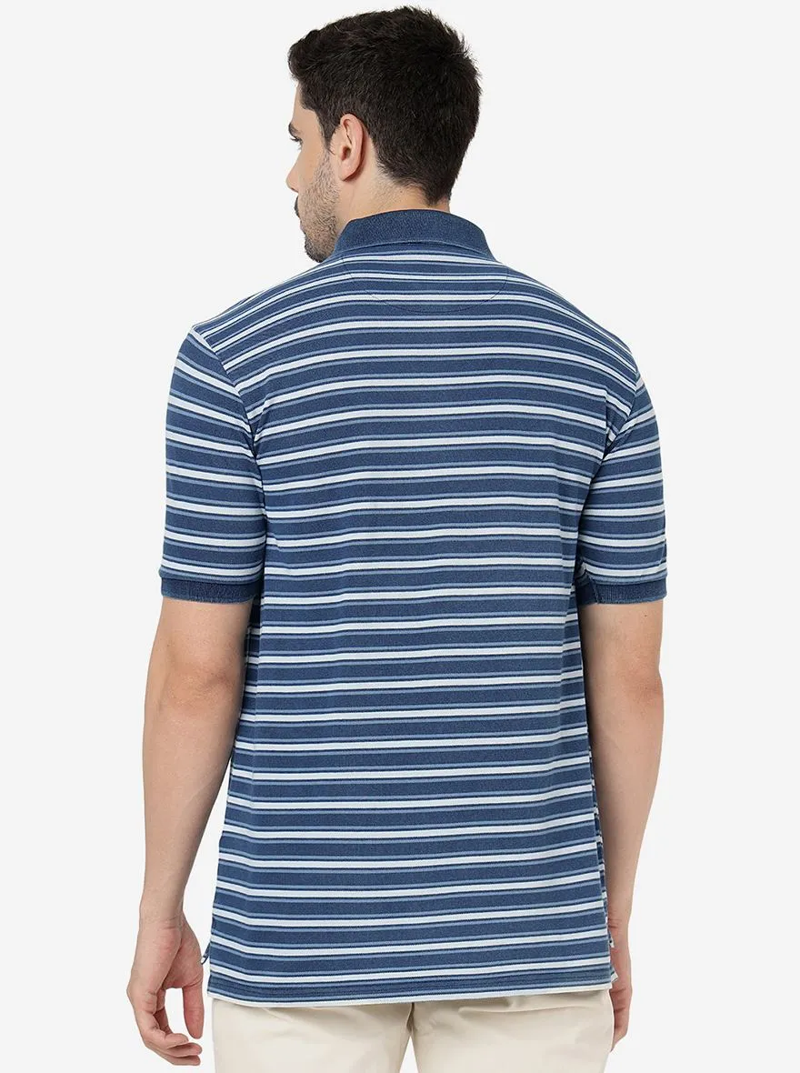 Blue Striped Slim Fit Polo T- Shirt | JadeBlue