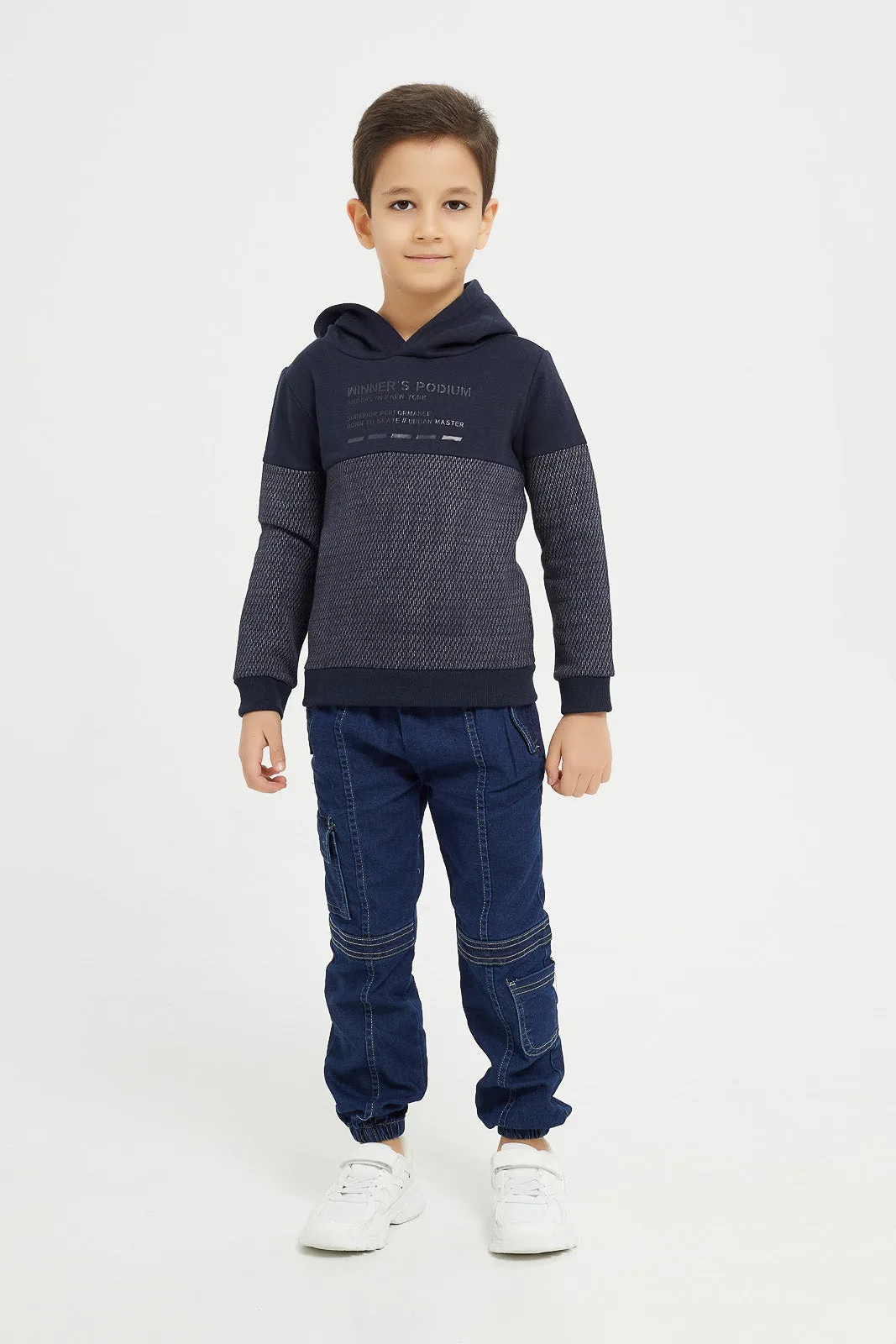 Boys Navy Paneled Hooded Sweatshirt