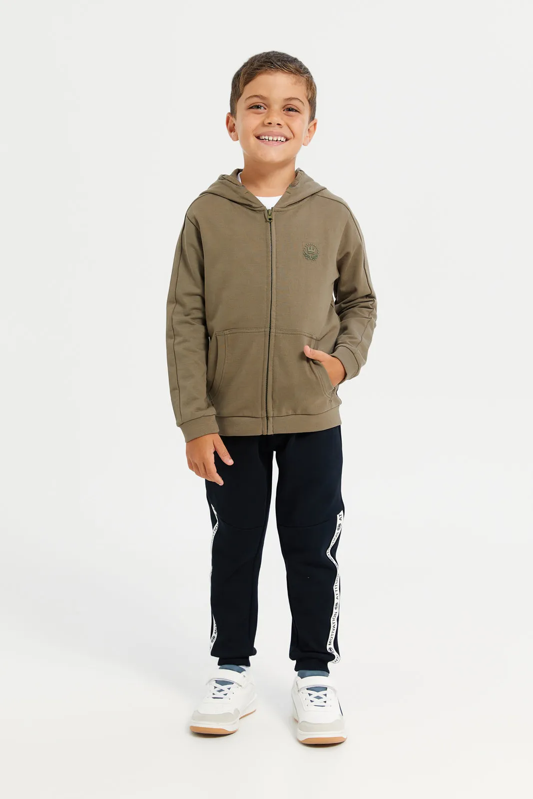 Boys Olive Zipper Front Hooded Sweatshirt