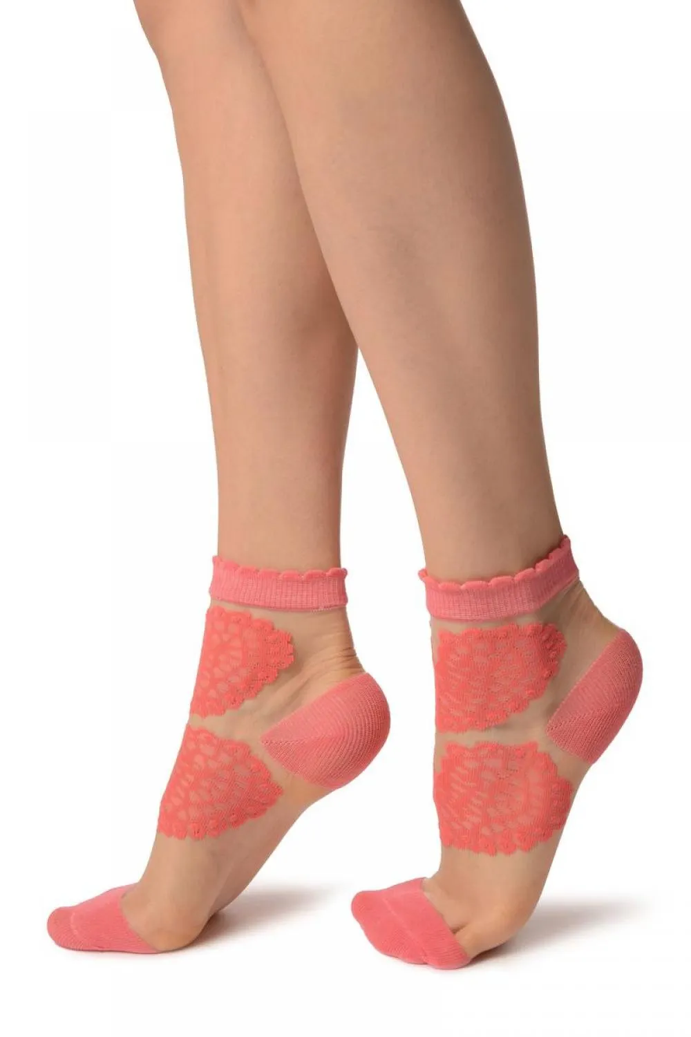 Coral Pink Hearts On Invisible Mesh Ankle High Socks