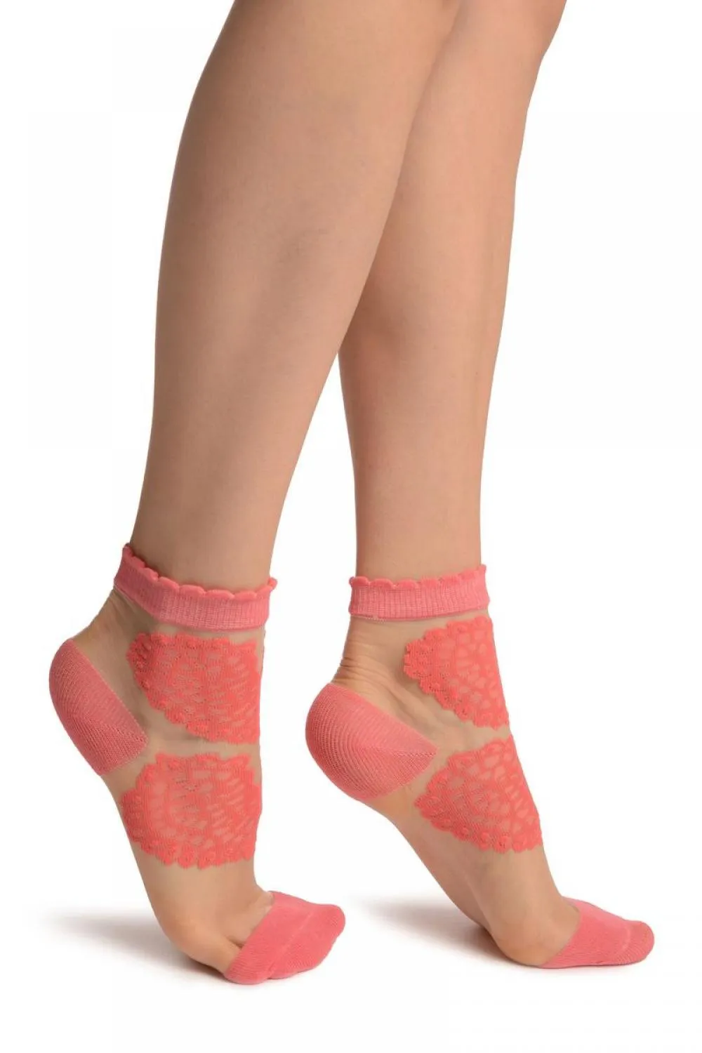 Coral Pink Hearts On Invisible Mesh Ankle High Socks