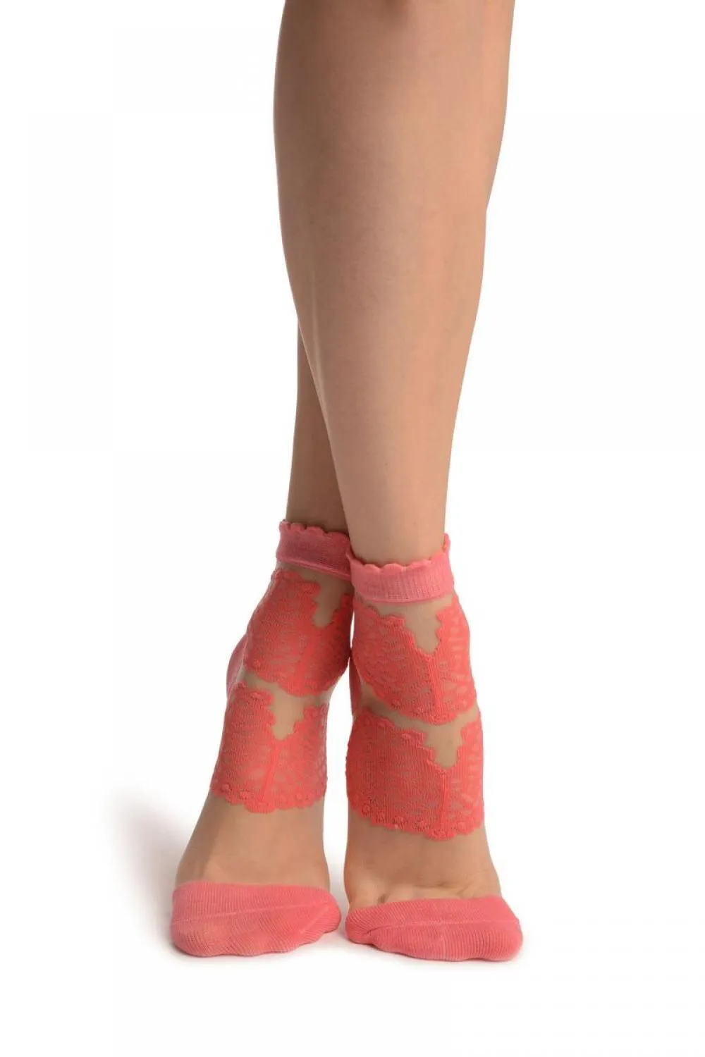 Coral Pink Hearts On Invisible Mesh Ankle High Socks