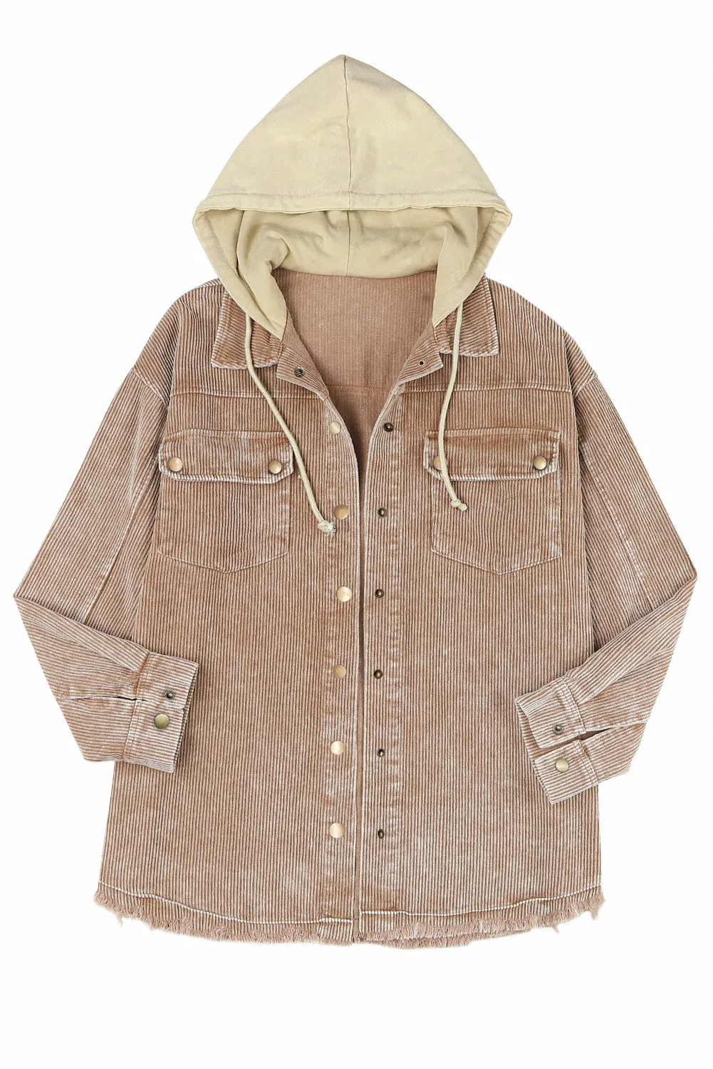 Corduroy Shacket Jacket Button Down Hooded Coat with Pockets