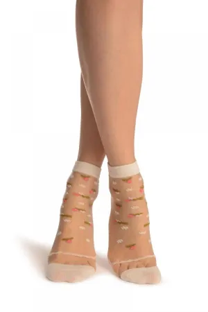 Cream With Little Woven Flowers On Invisible Mesh Ankle High Socks