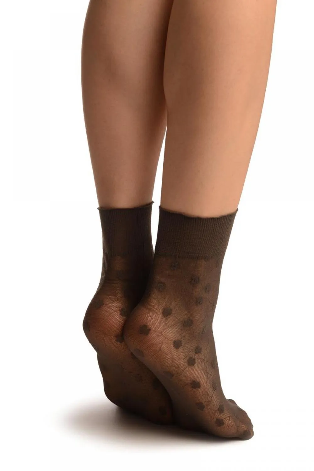 Dark Grey With Violet Flowers On Mesh Ankle High Socks