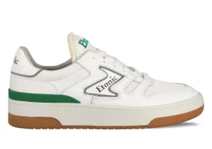 Etonic B481 sneakers in white leather, white mesh and green details with white midsole and honey bottom outsole.