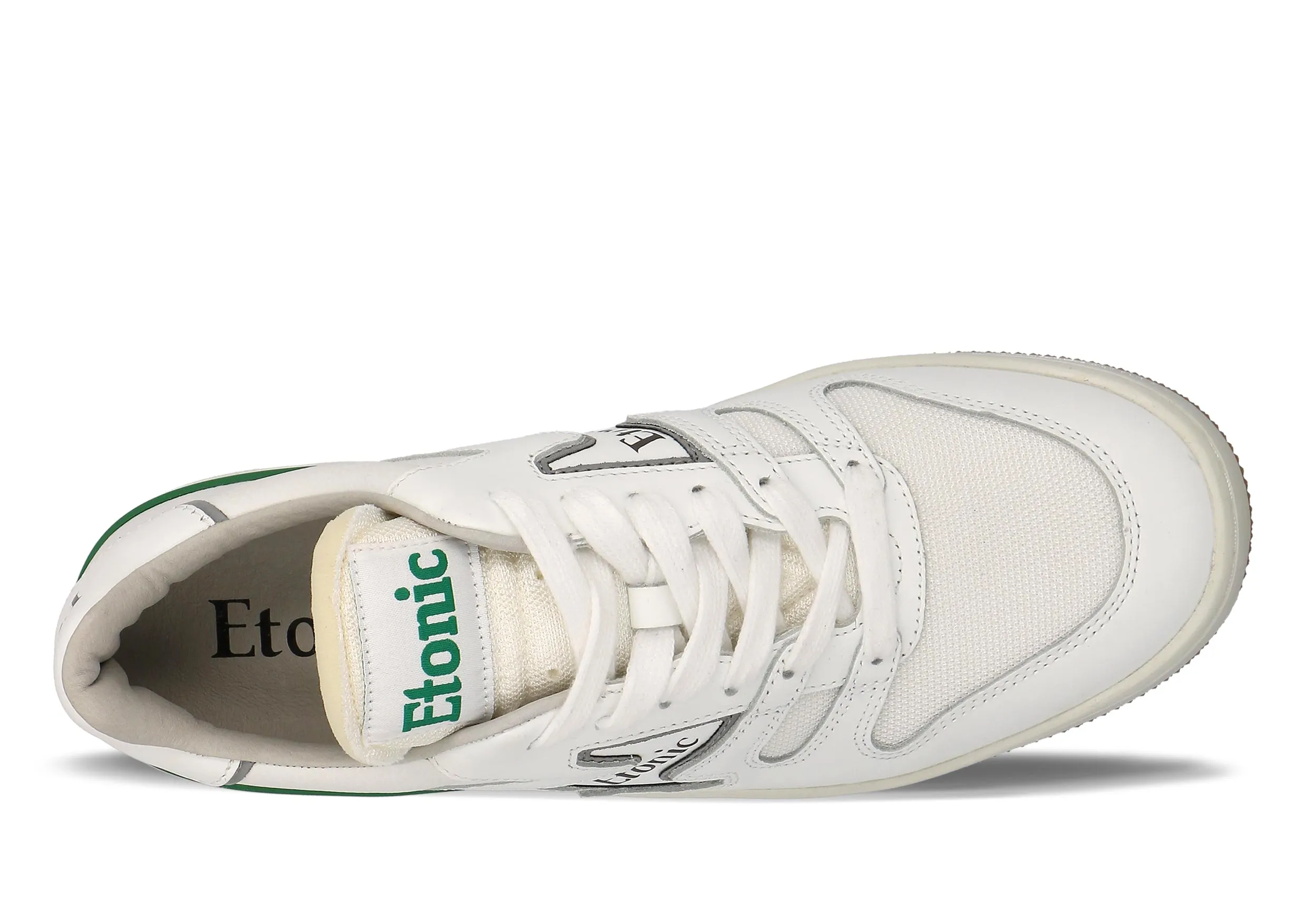 Etonic B481 sneakers in white leather, white mesh and green details with white midsole and honey bottom outsole.