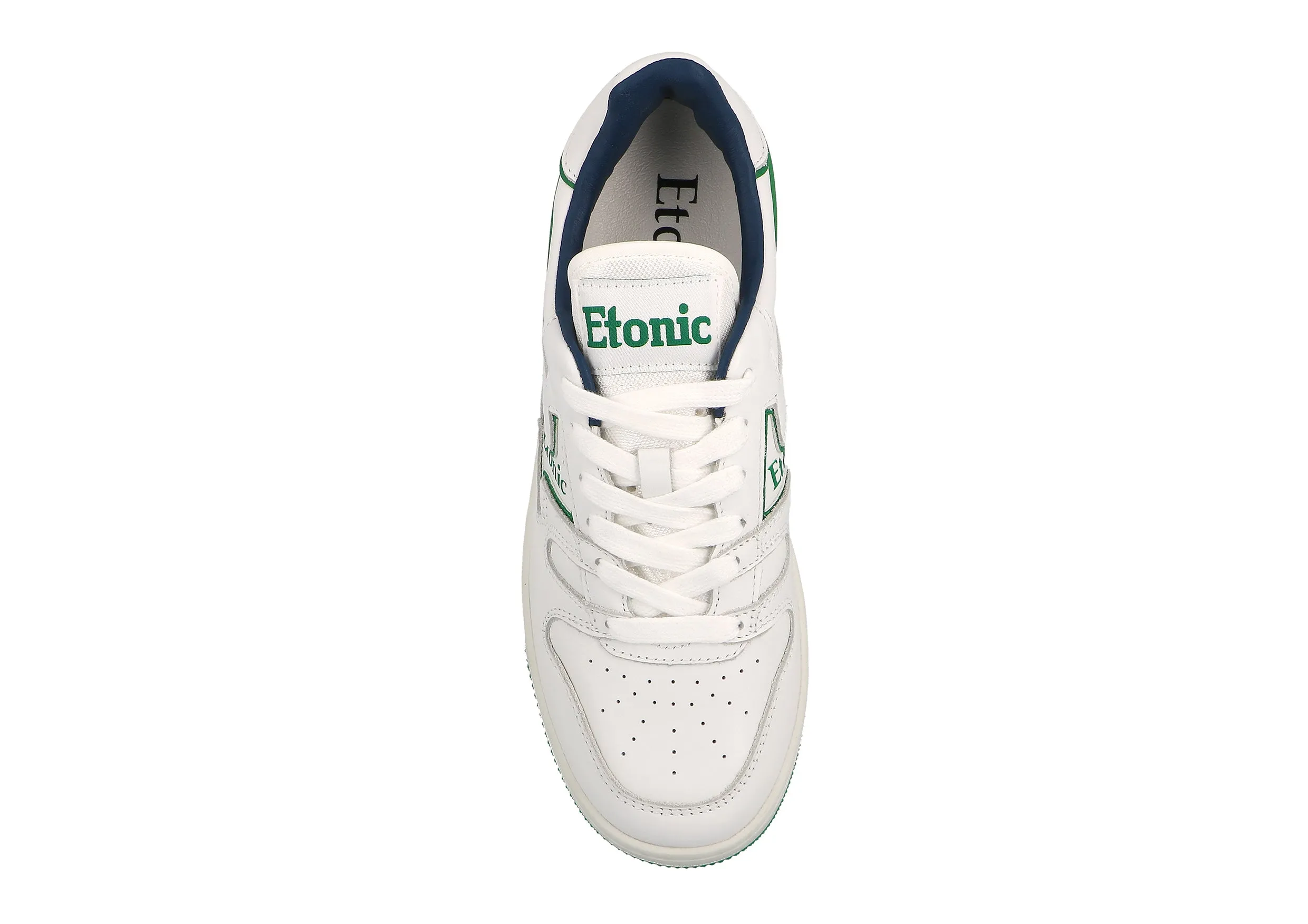 Etonic B481 sneakers in white leather with green details and white midsole with green bottom outsole.