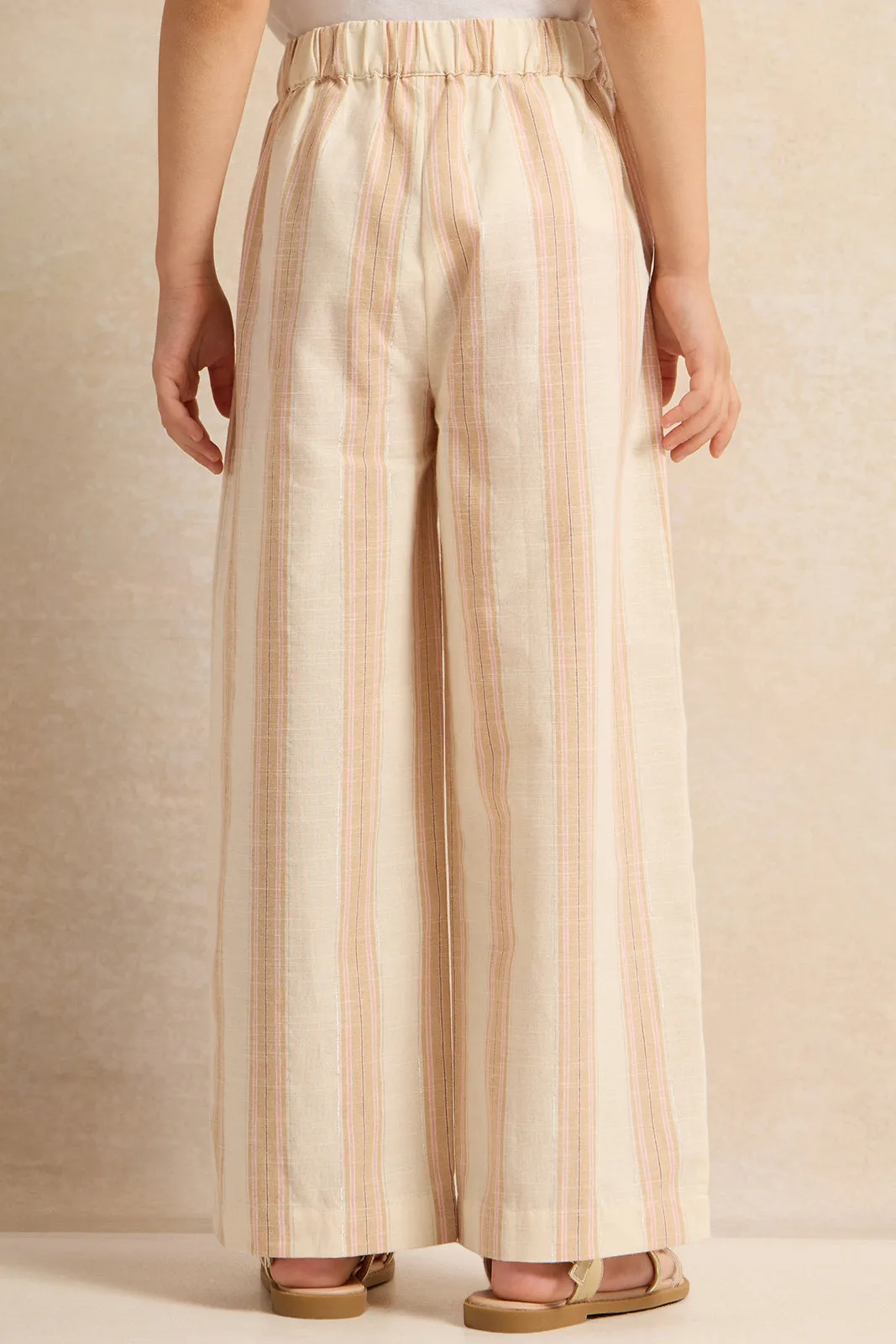 Girls Beige Striped Wide Leg Trousers