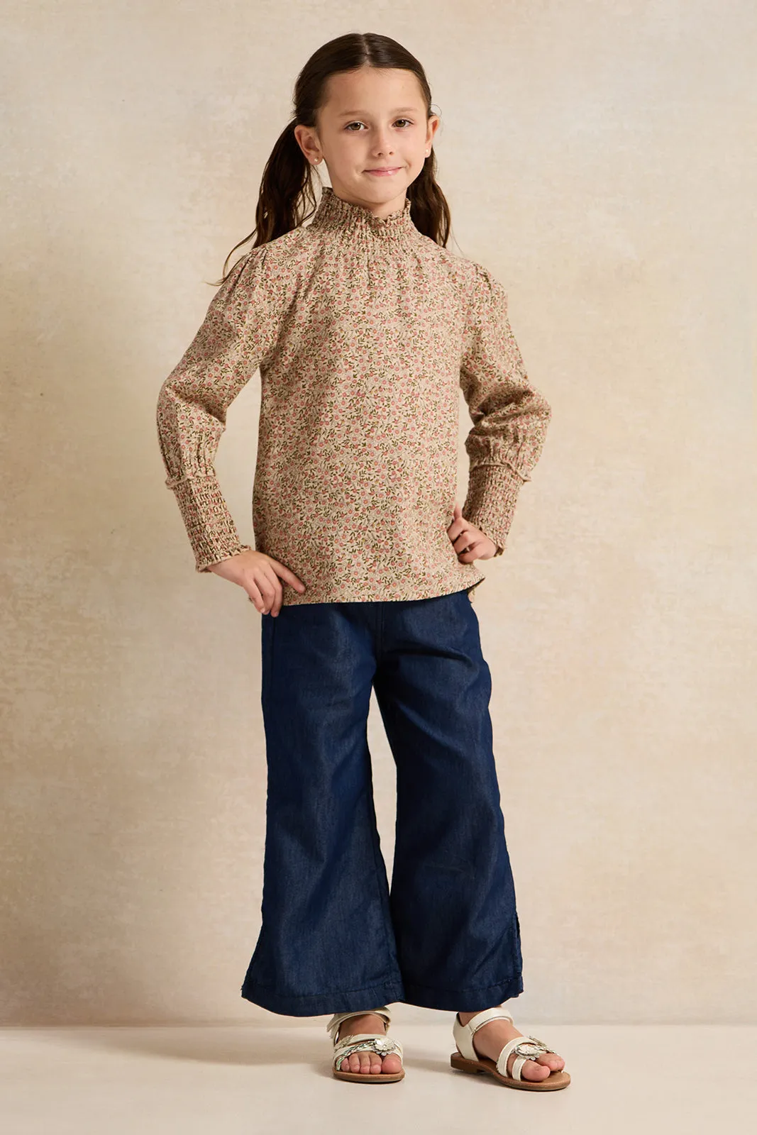 Girls Navy Wide Leg Denim Trousers