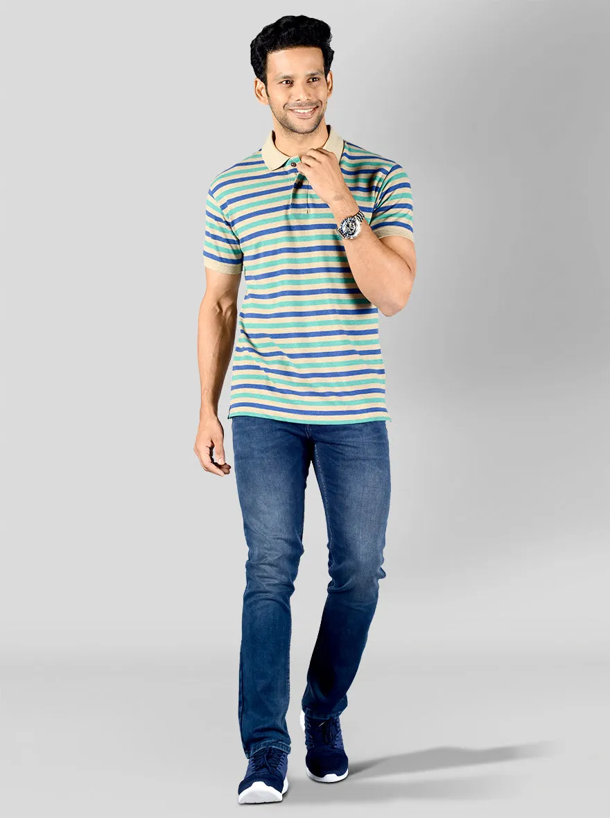 Green & Blue Striped Slim Fit Polo T-shirt | Greenfibre