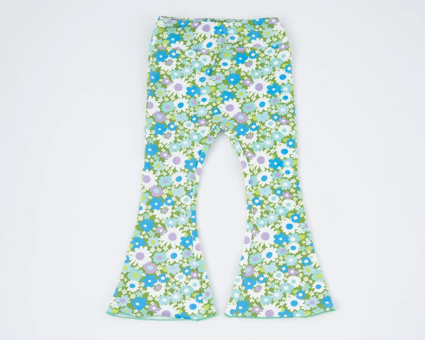 Green And Blue Flower Power Jersey Knit Bell Bottoms For Babies, Toddlers And Girls